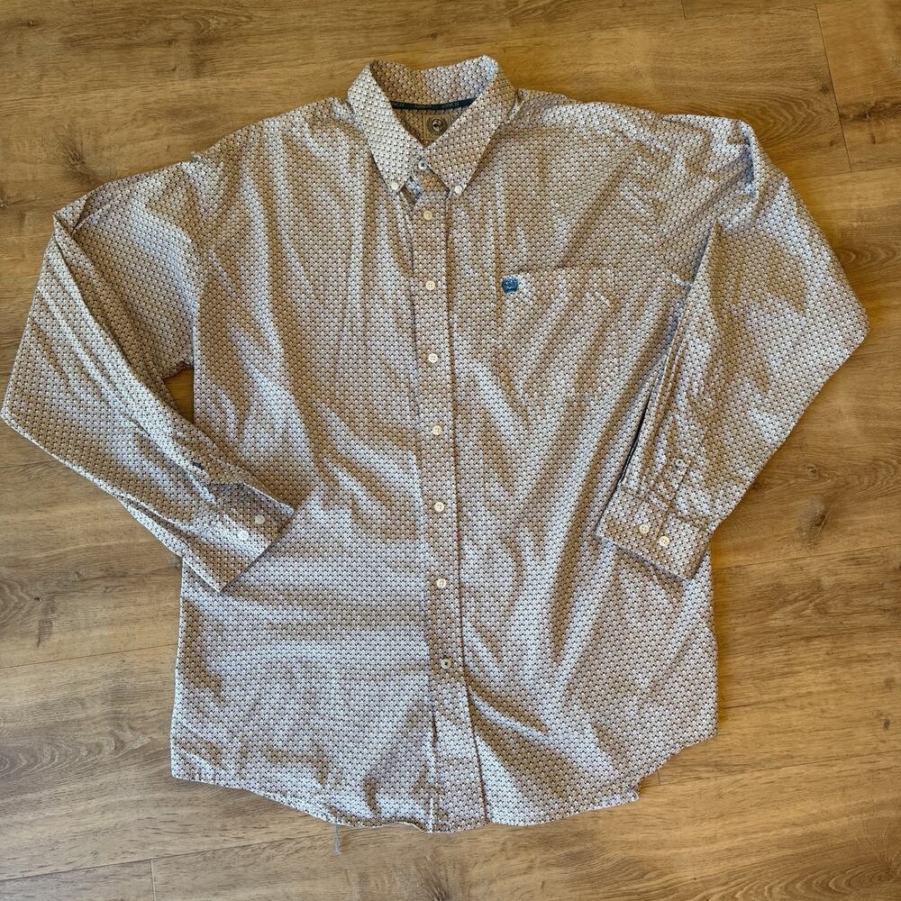 Cinch Mens XL Long Sleeve Button Down Western Shirt Geometric Print Tan Blue Red